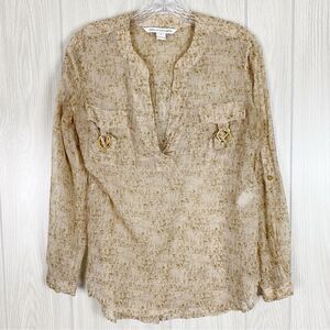 Diane Von Furstenberg | Danielle Metallic Print Crepe Sheer Blouse 100% Silk